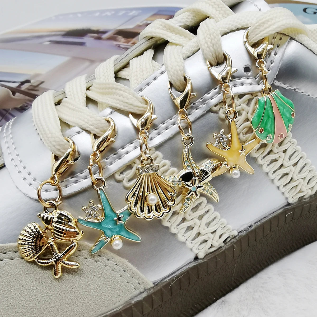 5PCS Rhinestone Starfish Shoe Pendants Shoelaces Charms DIY Shell Clips