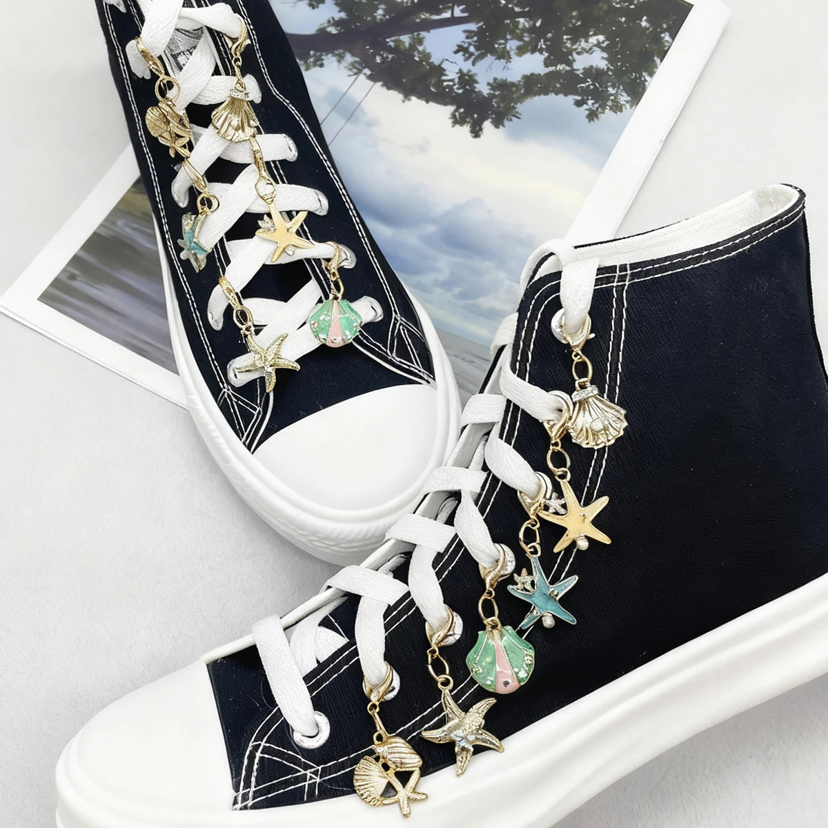 5PCS Rhinestone Starfish Shoe Pendants Shoelaces Charms DIY Shell Clips