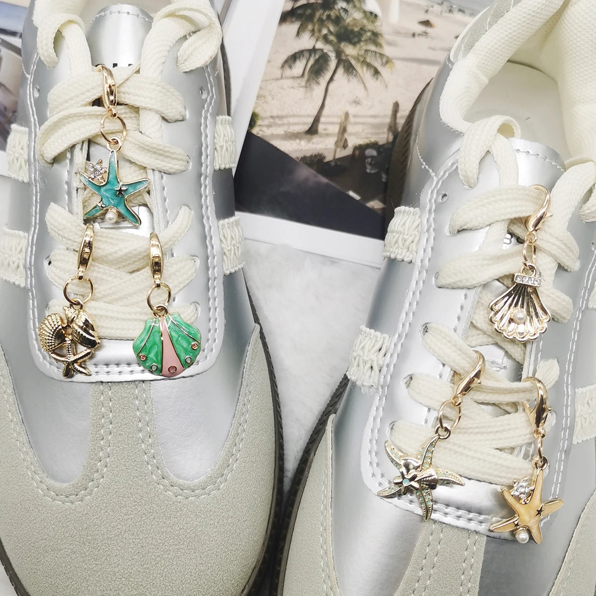 5PCS Rhinestone Starfish Shoe Pendants Shoelaces Charms DIY Shell Clips